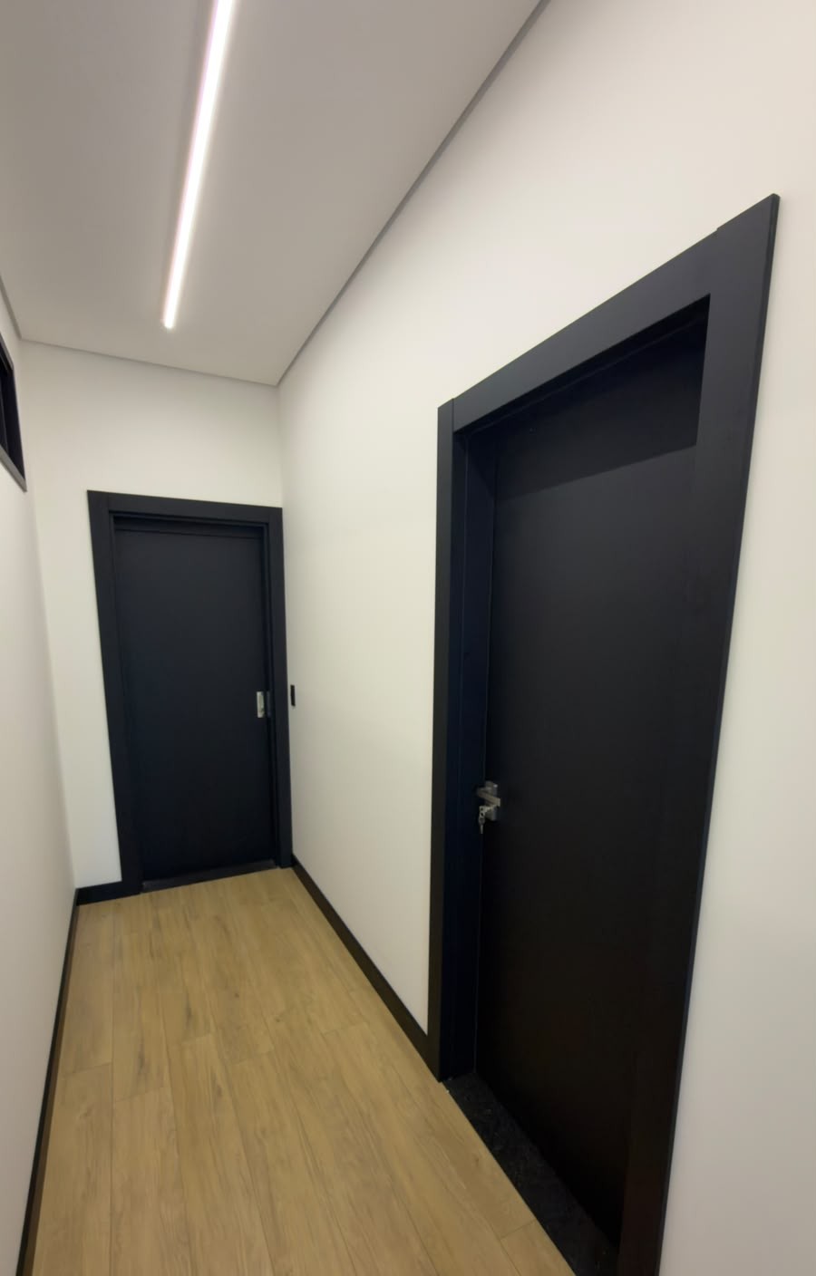 Corredor com portas pretas, piso amadeirado e rodapé preto