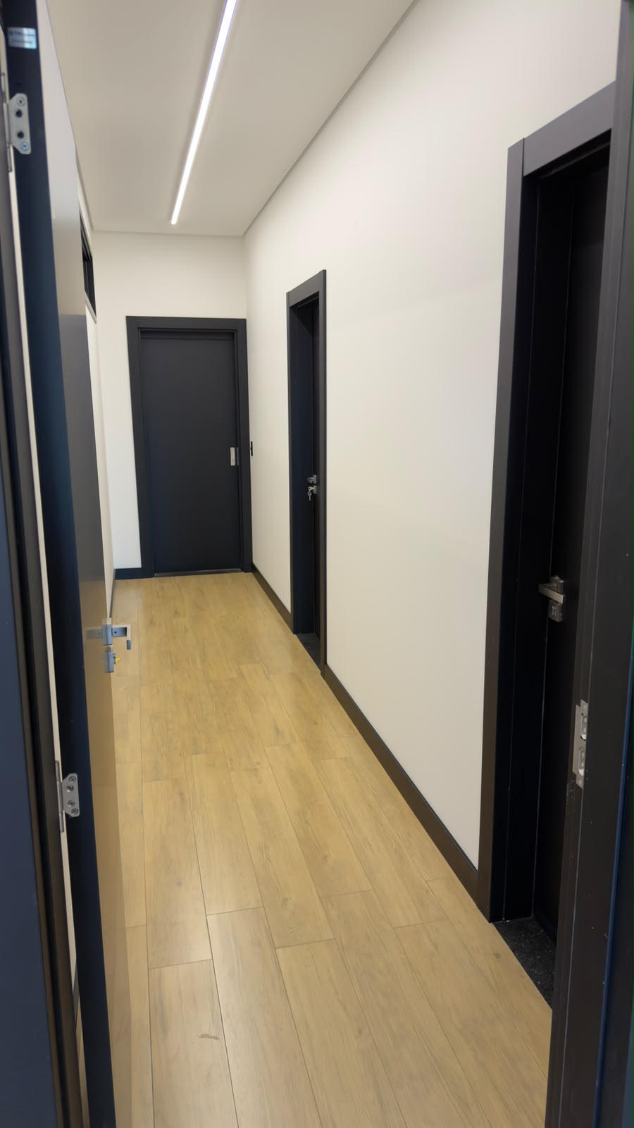 Corredor com portas pretas, piso amadeirado e rodapé preto